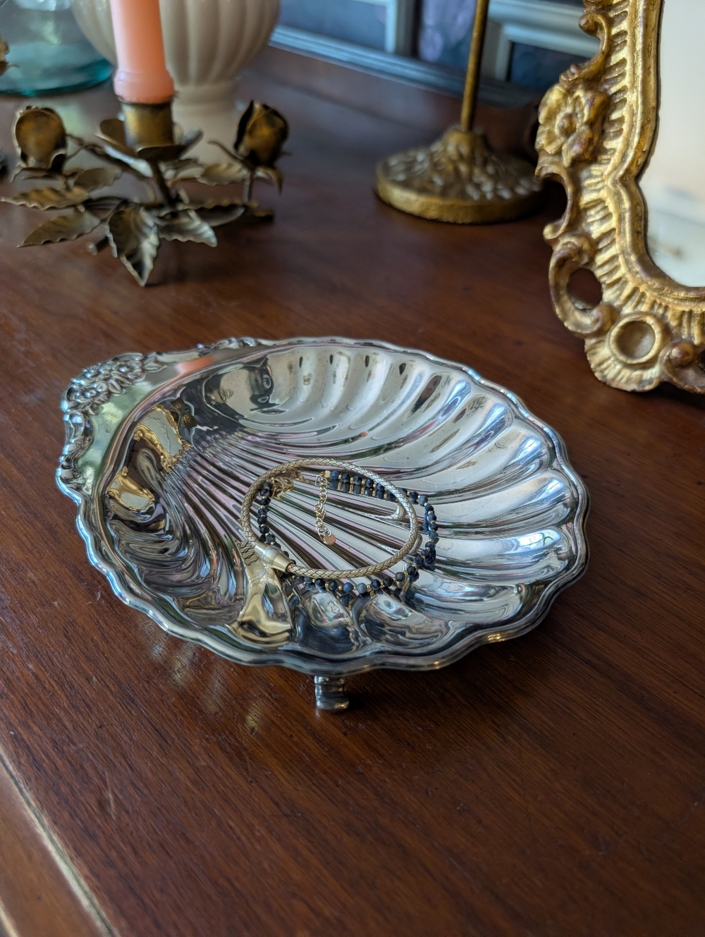 Vintage Ornate Clam Shell Silver Plated Footed Serving Dish Trinket 7.25" x 6"